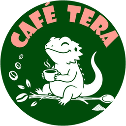 Logo von Café Tera: eine Bartagame mit Kaffeetasse